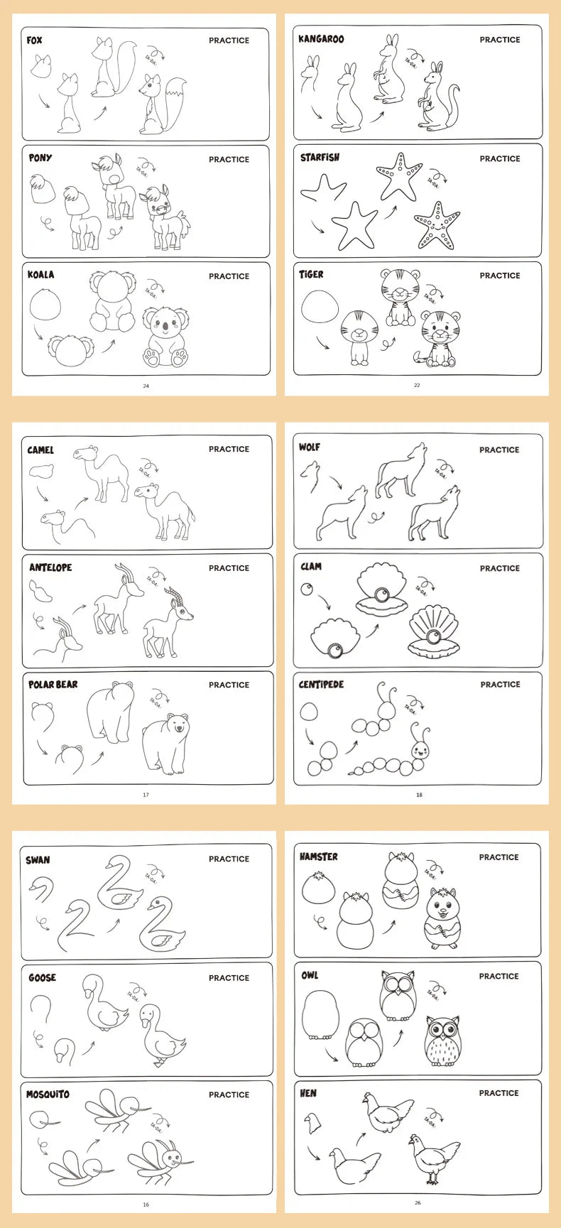 96 Animal Patterns, 32 Pages, Learn To Draw Animals, How To Draw: Teaching Drawing Book, Simple 4 Steps To Complete Drawing