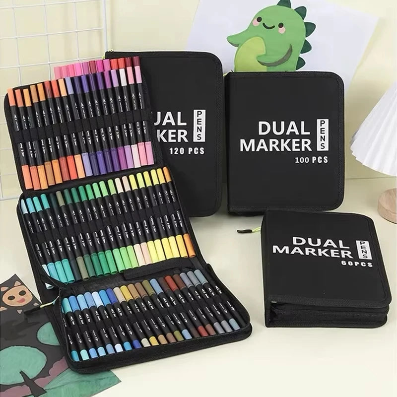 48/60/72/100/120 Colors Dual Tip Brush Marker Pens Watercolour FineLiner Manga Art Accessories Art Supplies Drawing Stationery