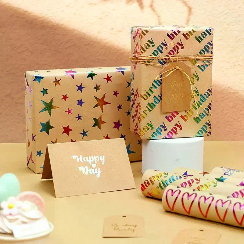 43x300cm Happy Birthday Valentine's Day Gift Wrapping Paper Retro Yellow Kraft Paper Colorful Bronzing Wrapping Paper