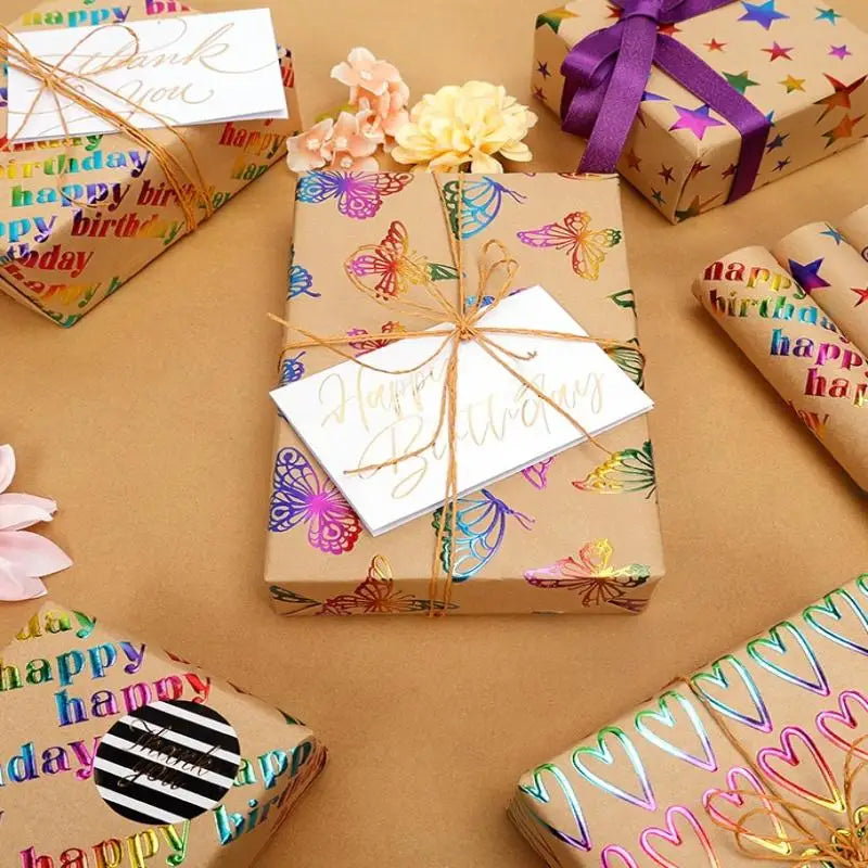 43x300cm Happy Birthday Valentine's Day Gift Wrapping Paper Retro Yellow Kraft Paper Colorful Bronzing Wrapping Paper