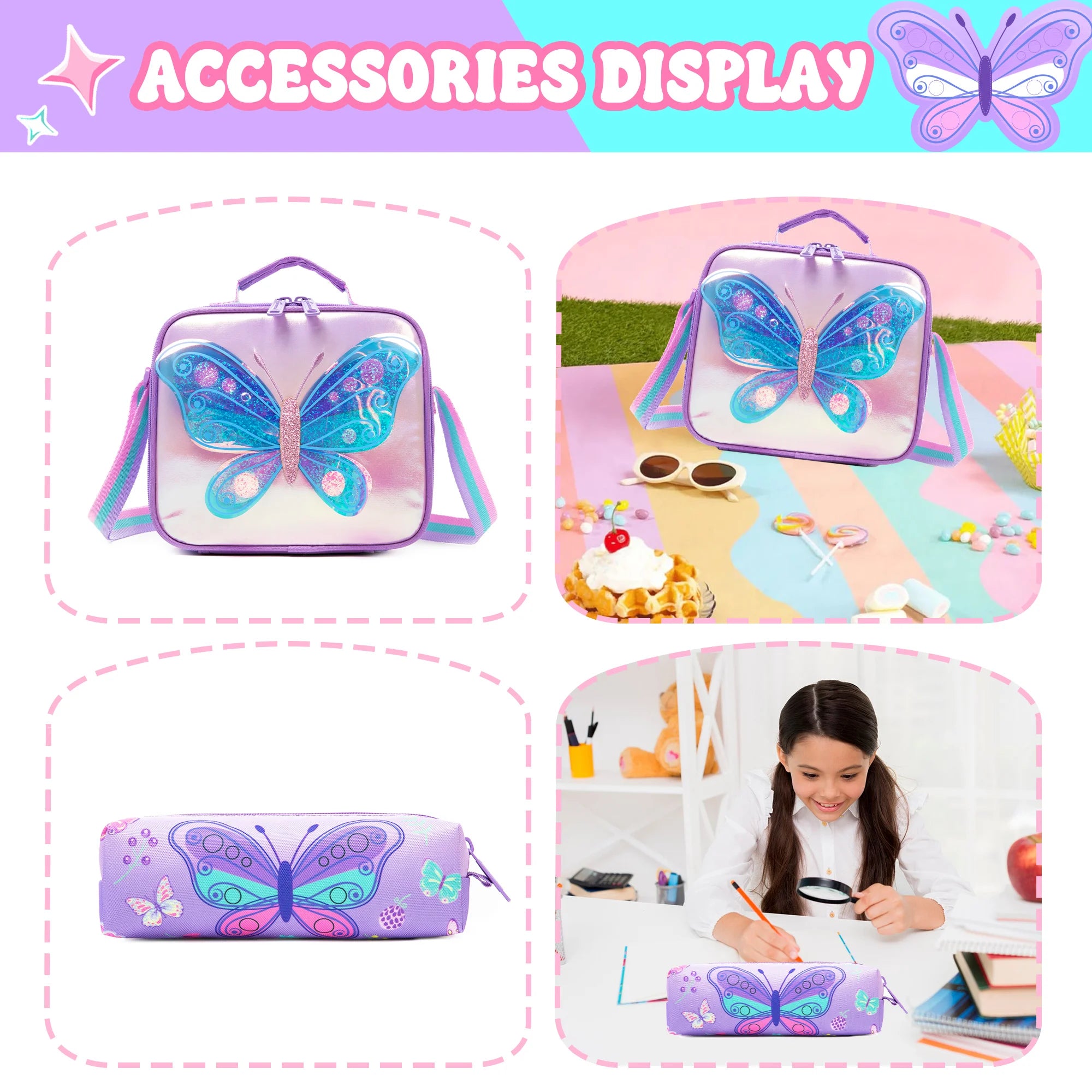 kids backpacks with Lunch Bag for girls 3pcs girls bookbag and Lunch Box Set for Elementary Middle School