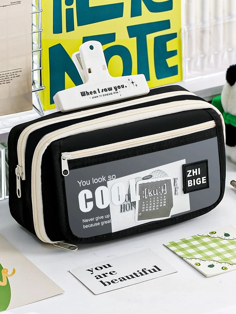 Pencil Case - Flip Cover Large Capacity Aesthetic Pencil Pouch with Zipper Mesh Stationery Organizer Pen Pouch A7816