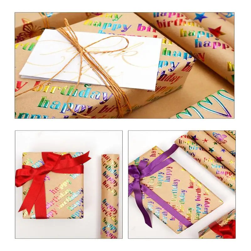 43x300cm Happy Birthday Valentine's Day Gift Wrapping Paper Retro Yellow Kraft Paper Colorful Bronzing Wrapping Paper