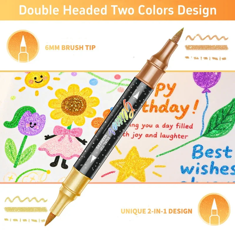 24-96 Colors Glitter Felt Tip Metallic Markers Dual Tip Dual Color Shimmer Marker for Doodle Writing Art DIY Crafts Scrapbooking