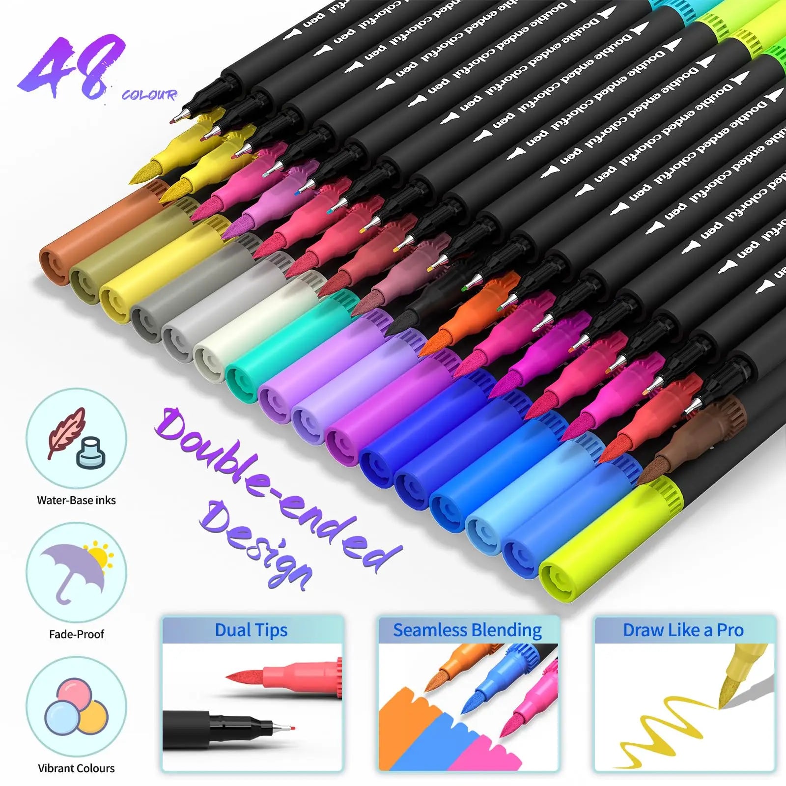 12-60 Colors Felt Tip Drawing Watercolor Art Markers Pen Dual Brush Fineliner Colouring Pen Set for Calligraphy Painting