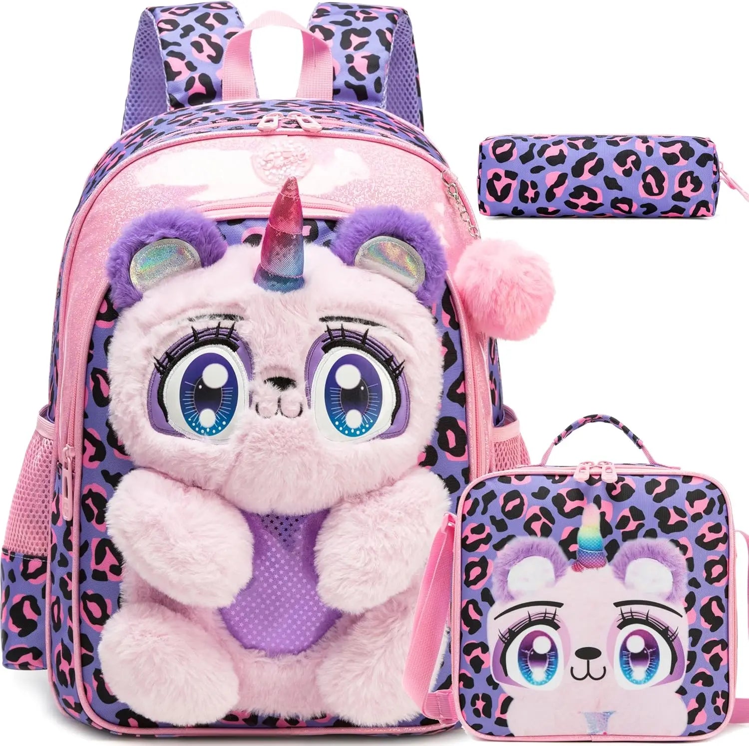 Kids Backpacks for Girls School Backpack with Lunch Bag Pencil Case for Elementary Student 3D Carton Plush Kids Travel SchoolBaG