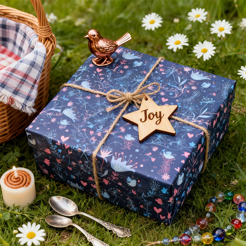 1 Roll Extra Long 43.18cm X 299.72cm Gift Wrap Roll |Elegant Pastel & Navy Blue/Pink/Black/White - Hearts, Birds, Floral Pattern