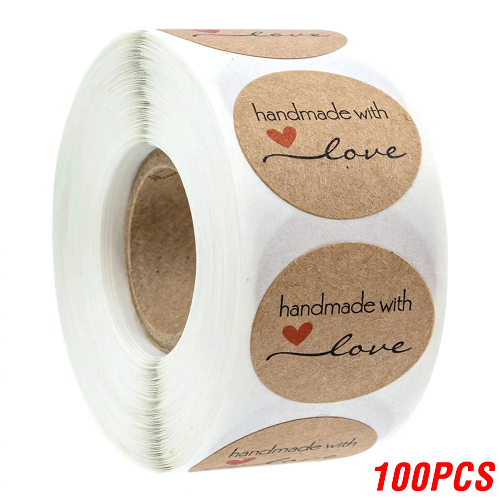 100-500pcs 1inch Vintage Kraft Paper Handmade With Love Stickers for Package Thank You Stationery Adhesive Labels Baking Seals