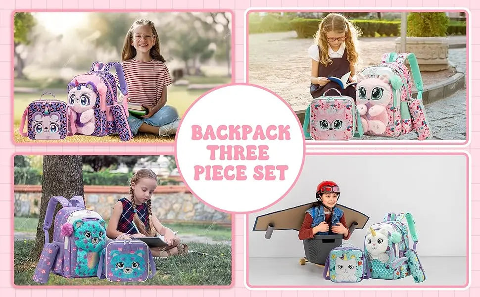 Kids Backpacks for Girls School Backpack with Lunch Bag Pencil Case for Elementary Student 3D Carton Plush Kids Travel SchoolBaG