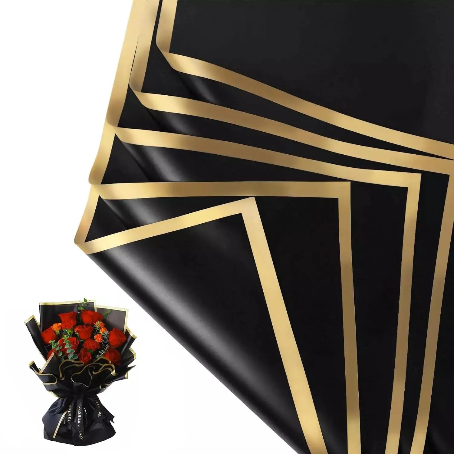 20pcs-56*54cm Black Gift Wrap with Gold Edges - Elegant Metallic Trim Wrapping Paper for Presents & Luxury Packaging
