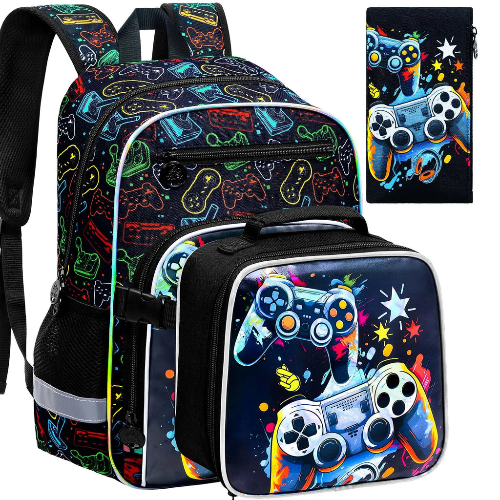Kids Backpack for Boys, 3PCS Bookbag Set with Clip-On Lunch Box, Game School Bag for Elementary Preschool Toddler