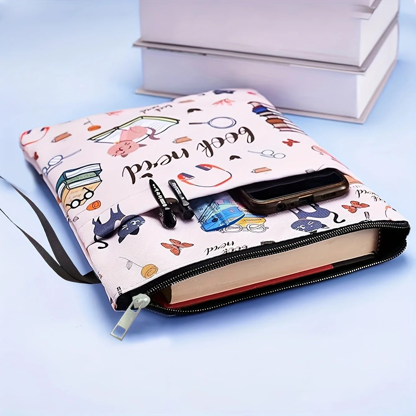 1pc "Book Nerd" Themed Fabric Book Sleeve with Zipper - Durable, Washable Cover for Paperbacks, Featuring Books & Cat Design