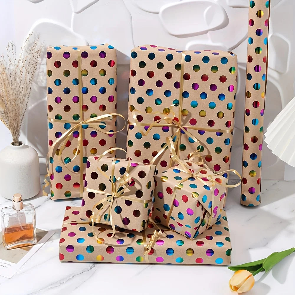 1Roll Extra Long Gift Wrap Paper-Very Large Roll(42.93x299.72 cm),Vibrant Multicolor Polka Dots in Pink,Blue,Golden,Green,Purple