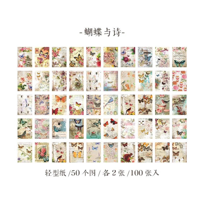 Yoofun 100sheets Large Size Vintage Scrapbooking Decor Material Papers Background Paper for Journal Diary Craft Retro Stationery