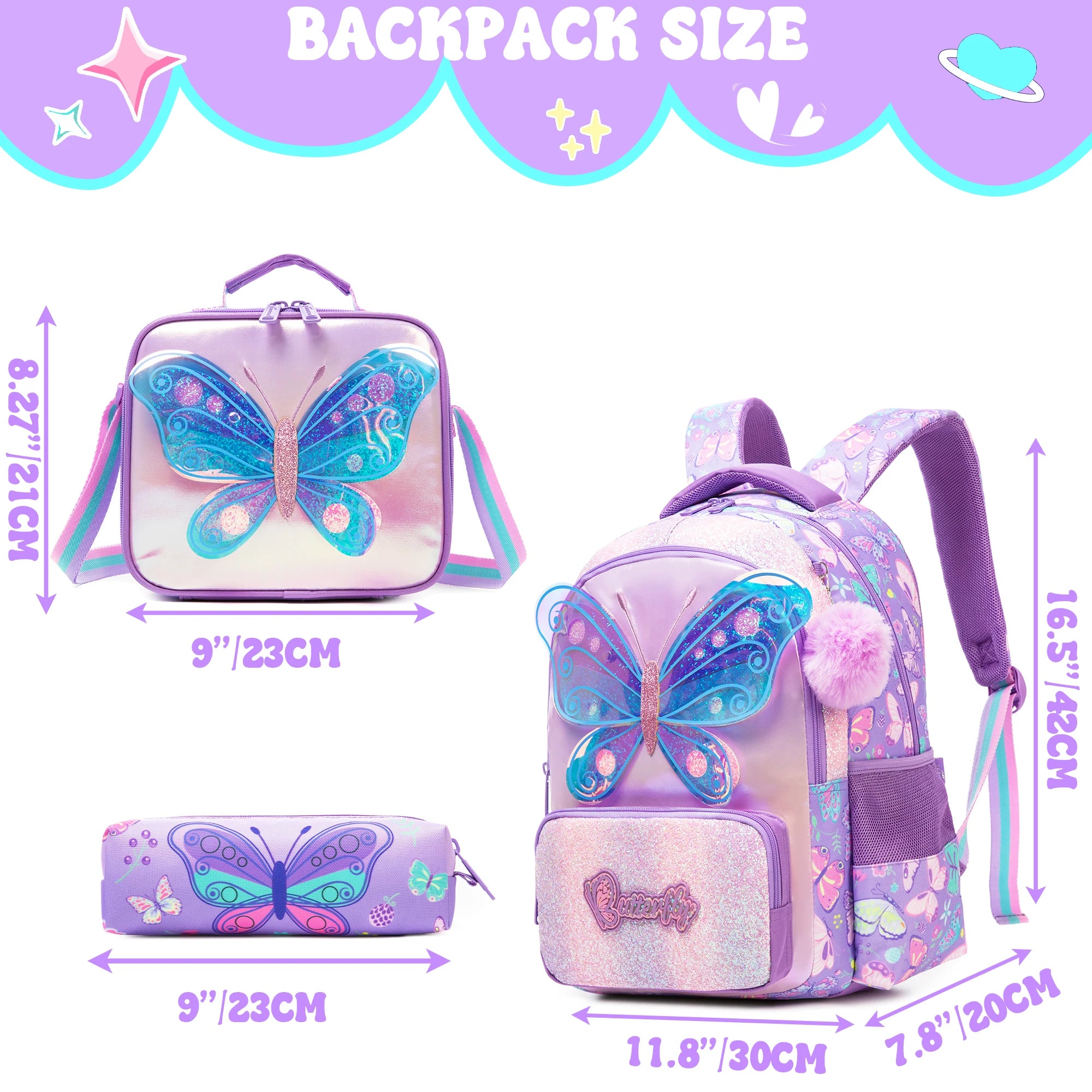 kids backpacks with Lunch Bag for girls 3pcs girls bookbag and Lunch Box Set for Elementary Middle School