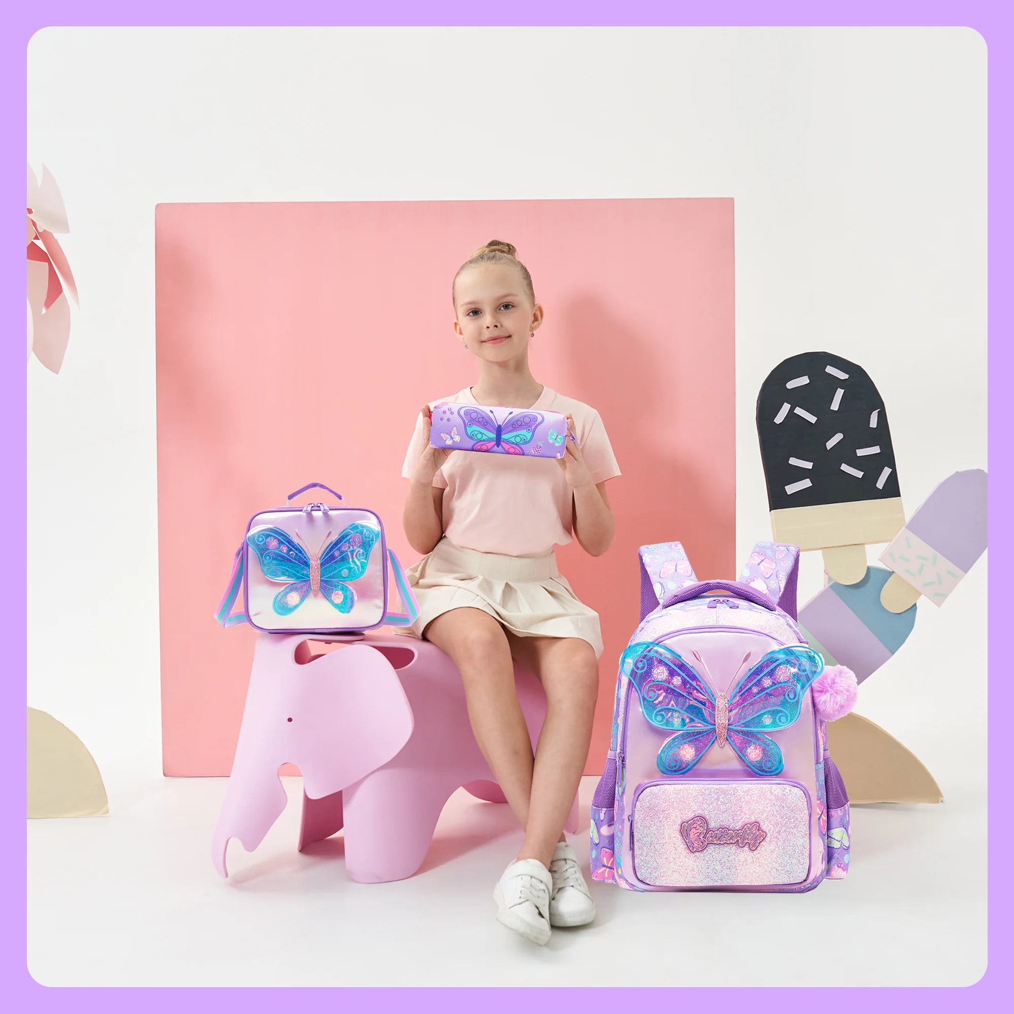 kids backpacks with Lunch Bag for girls 3pcs girls bookbag and Lunch Box Set for Elementary Middle School