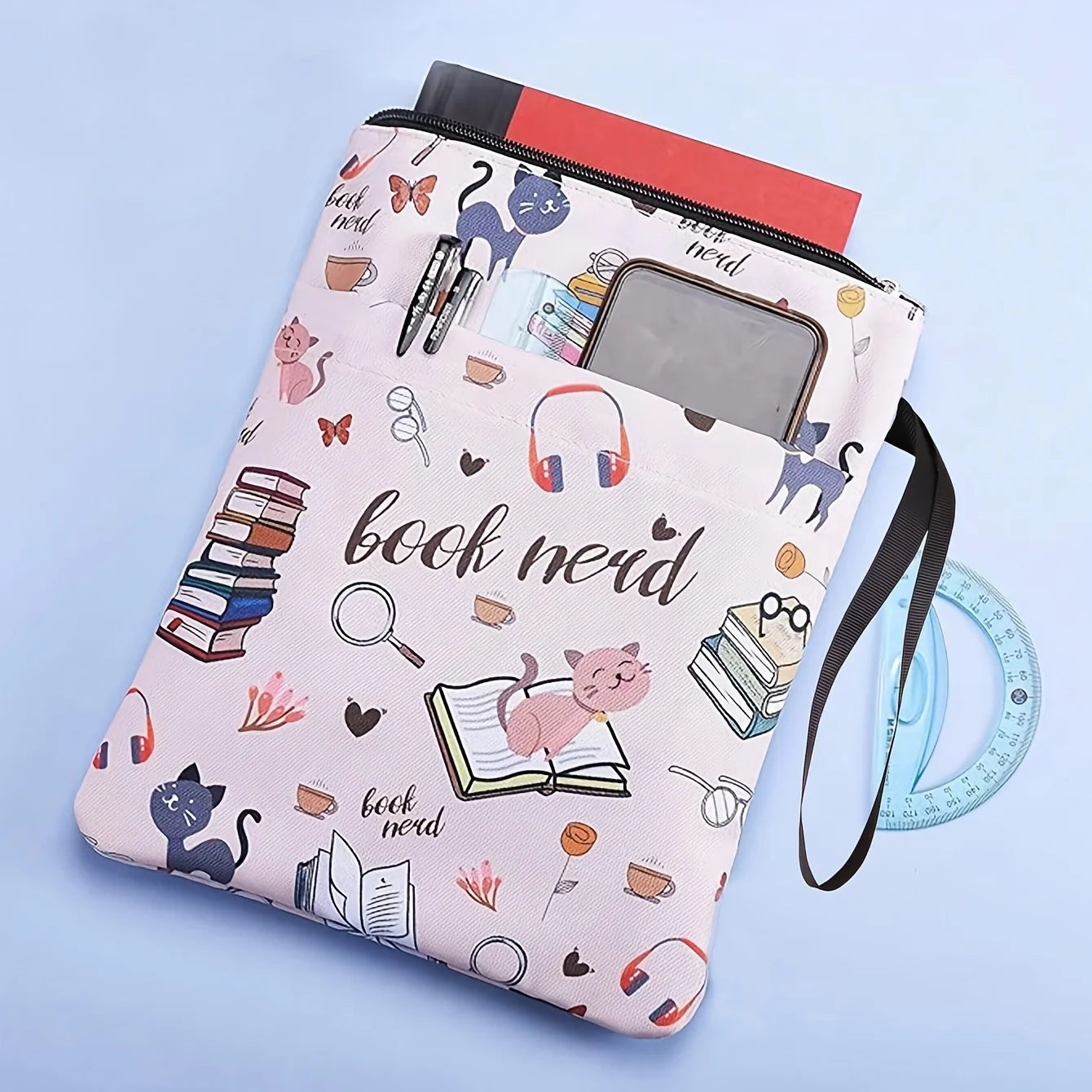 1pc "Book Nerd" Themed Fabric Book Sleeve with Zipper - Durable, Washable Cover for Paperbacks, Featuring Books & Cat Design