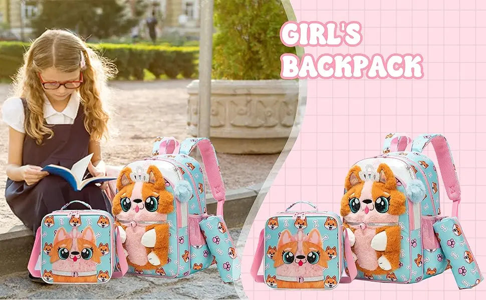 Kids Backpacks for Girls School Backpack with Lunch Bag Pencil Case for Elementary Student 3D Carton Plush Kids Travel SchoolBaG
