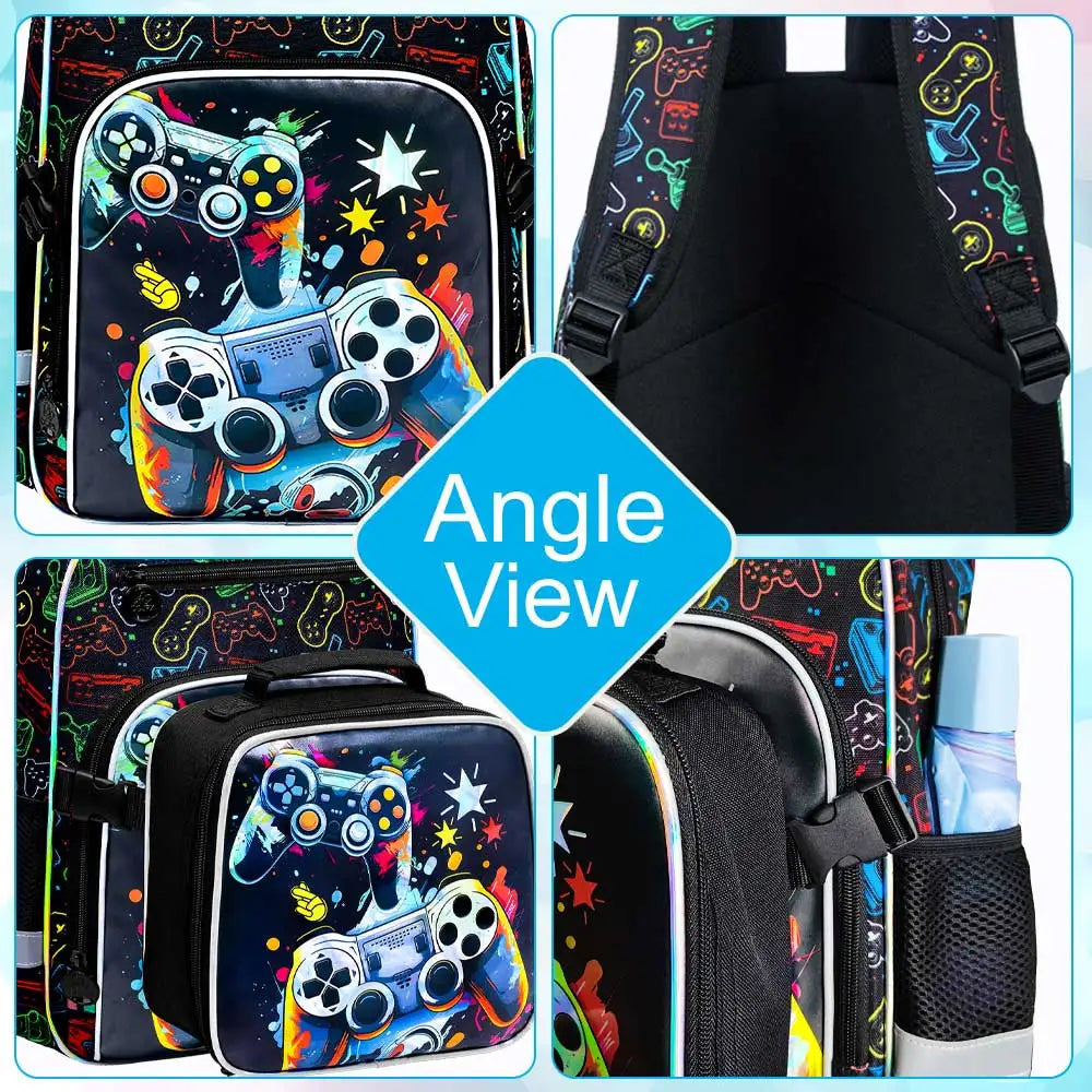 Kids Backpack for Boys, 3PCS Bookbag Set with Clip-On Lunch Box, Game School Bag for Elementary Preschool Toddler