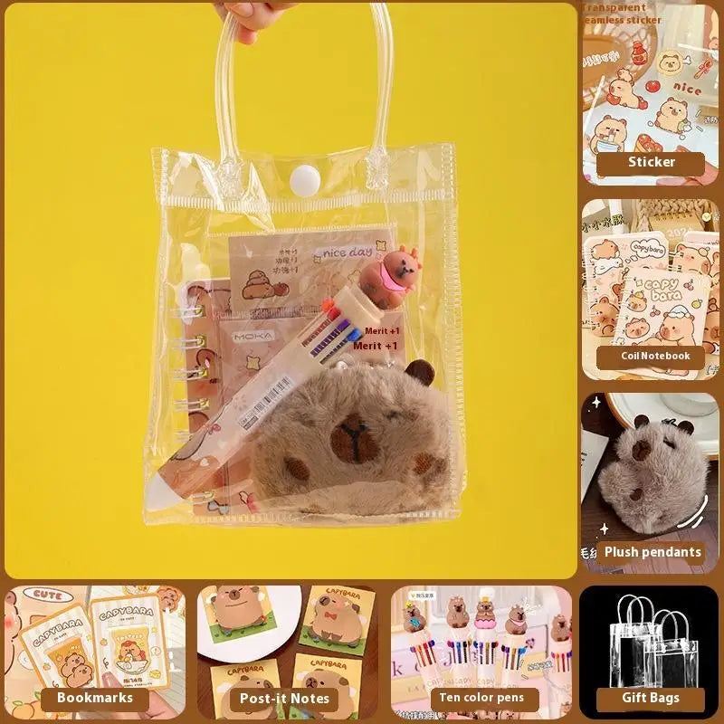 Stationery Set for Students: Kawaii Capybara Themed with Pen, Stickers, Notebook, Plush Charms, Handbag & Rewards