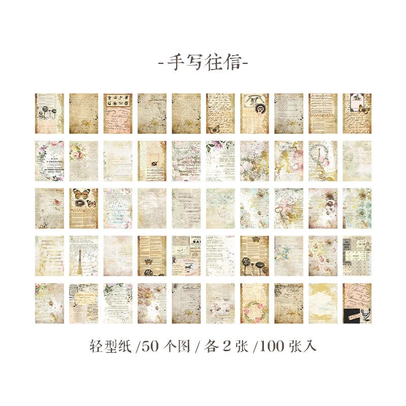 Yoofun 100sheets Large Size Vintage Scrapbooking Decor Material Papers Background Paper for Journal Diary Craft Retro Stationery