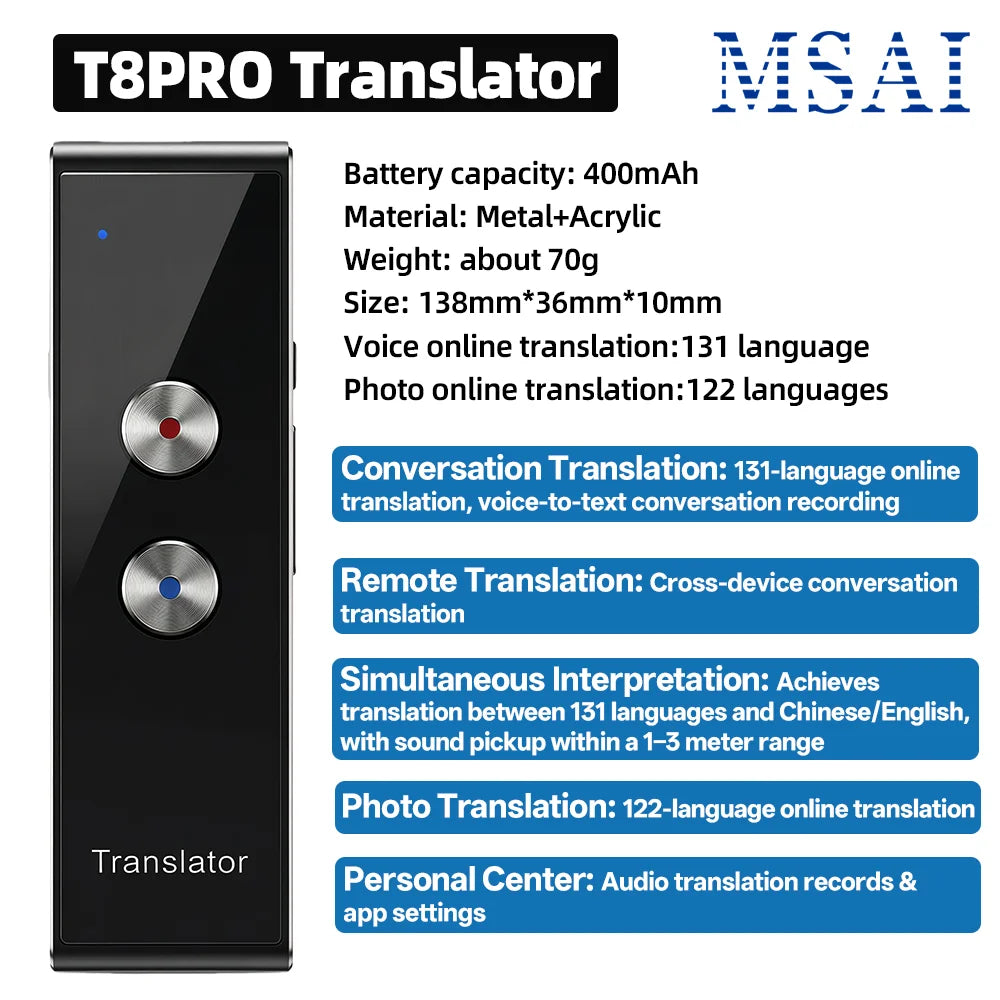 MSAI T26 160 Languages Voice Translator Online Photo 75 Languages Audio Translate 115 Offline Real Time Translation for Travel