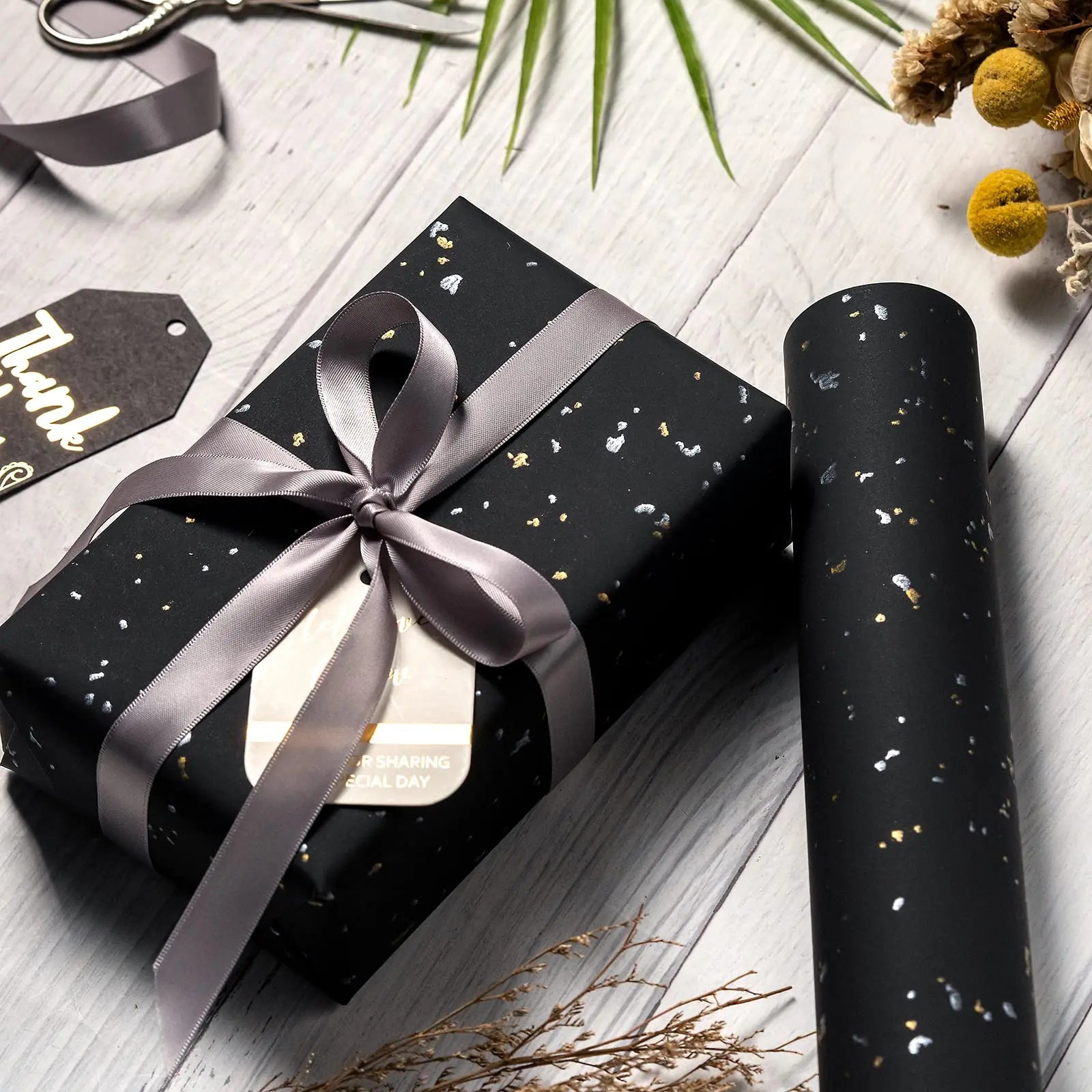 Gift Wrapping Paper Roll, 1 Roll 17inch x 120inch, Black Gold Foil Design for Holiday, Birthday, Wedding, Party