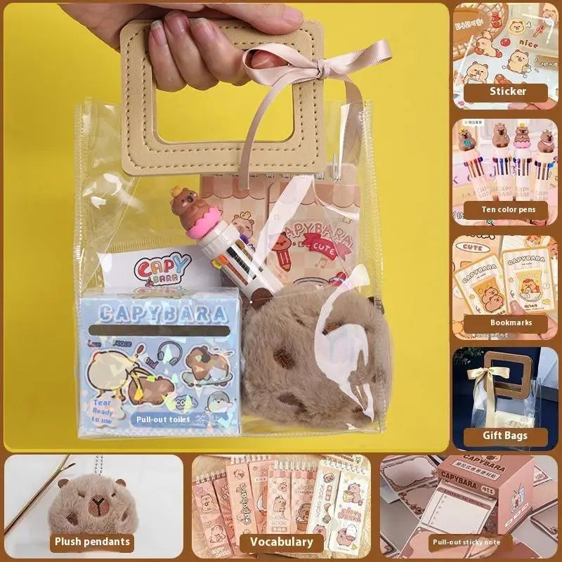 Stationery Set for Students: Kawaii Capybara Themed with Pen, Stickers, Notebook, Plush Charms, Handbag & Rewards