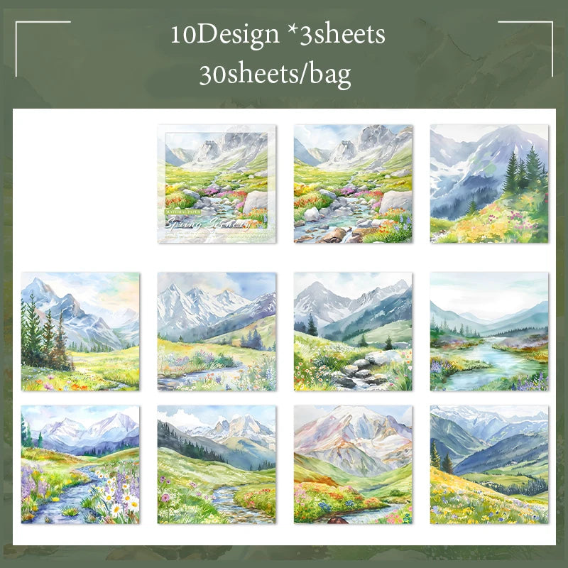 Material Paper 30 sheets/bag Spring Watercolour Landscape Handbook Stationery DIY Handmade & Scrapbook Journal Decoration