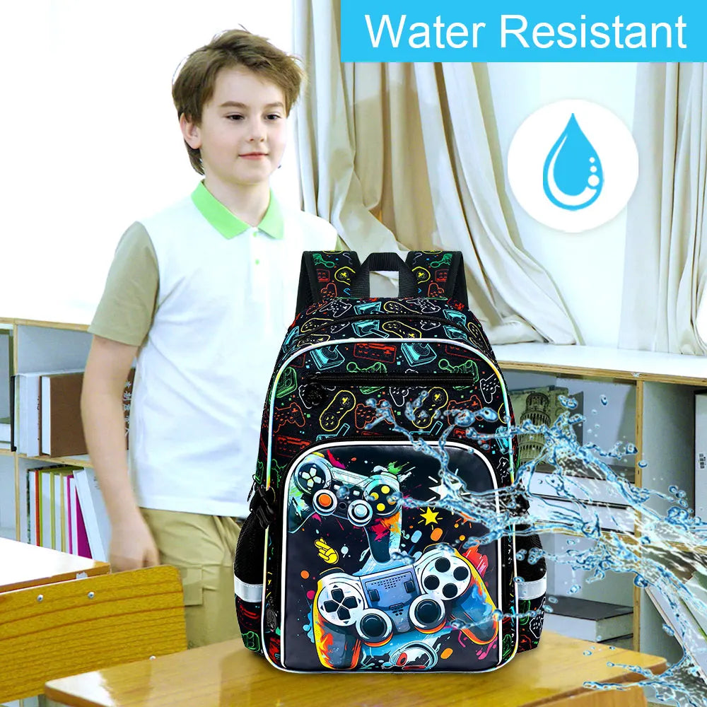 Kids Backpack for Boys, 3PCS Bookbag Set with Clip-On Lunch Box, Game School Bag for Elementary Preschool Toddler
