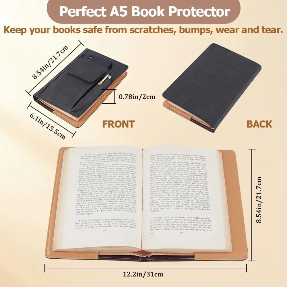 Book Cover PU Leather A5 Waterproof Book Sleeve Black Reusable Book Protector Hardcover Paperbacks Notebook Wraps with Pen