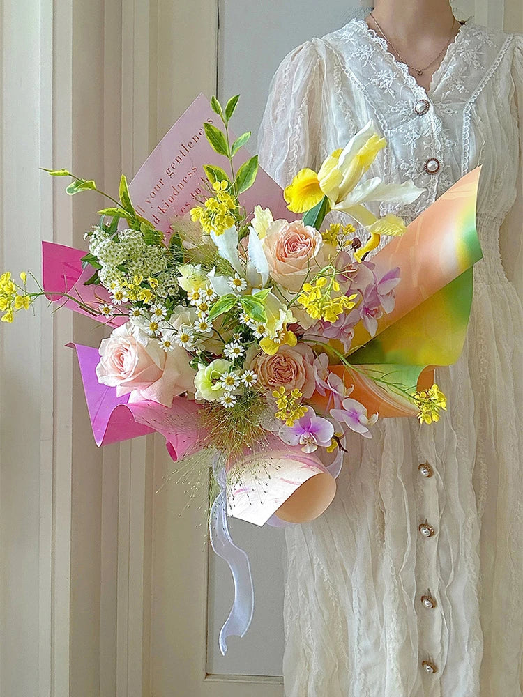 Valentine'S Day Gilded Flower Wrapping Paper, Gradient Korean Art Floral Wrapping Paper, Gift Paper, Flower Packaging Materials