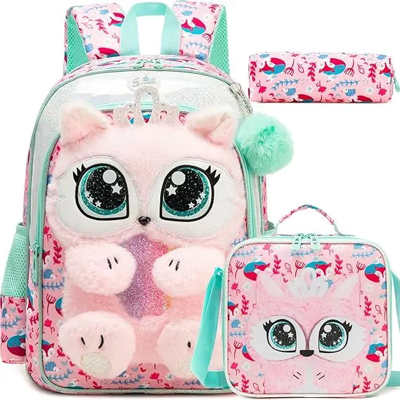 Kids Backpacks for Girls School Backpack with Lunch Bag Pencil Case for Elementary Student 3D Carton Plush Kids Travel SchoolBaG