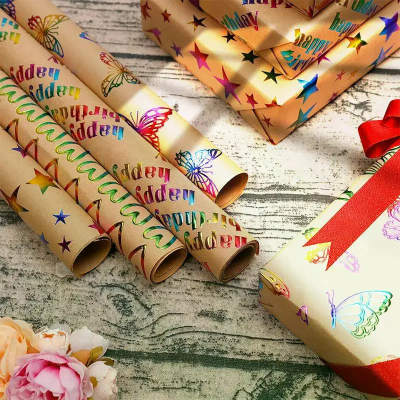 43x300cm Happy Birthday Valentine's Day Gift Wrapping Paper Retro Yellow Kraft Paper Colorful Bronzing Wrapping Paper