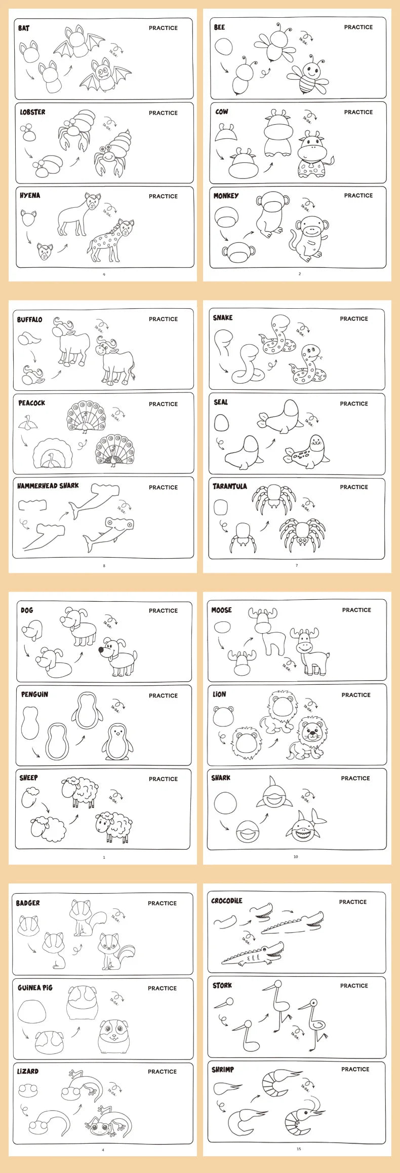 96 Animal Patterns, 32 Pages, Learn To Draw Animals, How To Draw: Teaching Drawing Book, Simple 4 Steps To Complete Drawing