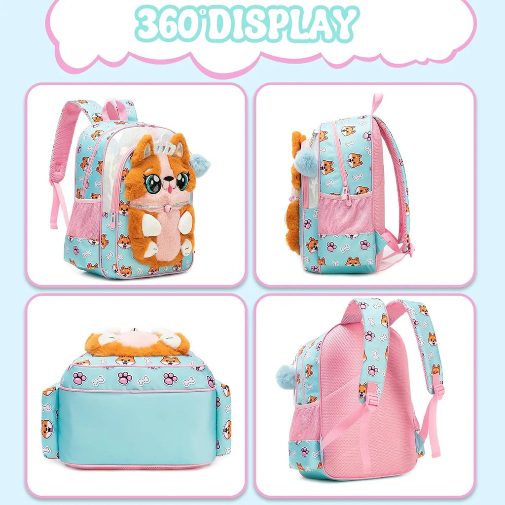Kids Backpacks for Girls School Backpack with Lunch Bag Pencil Case for Elementary Student 3D Carton Plush Kids Travel SchoolBaG