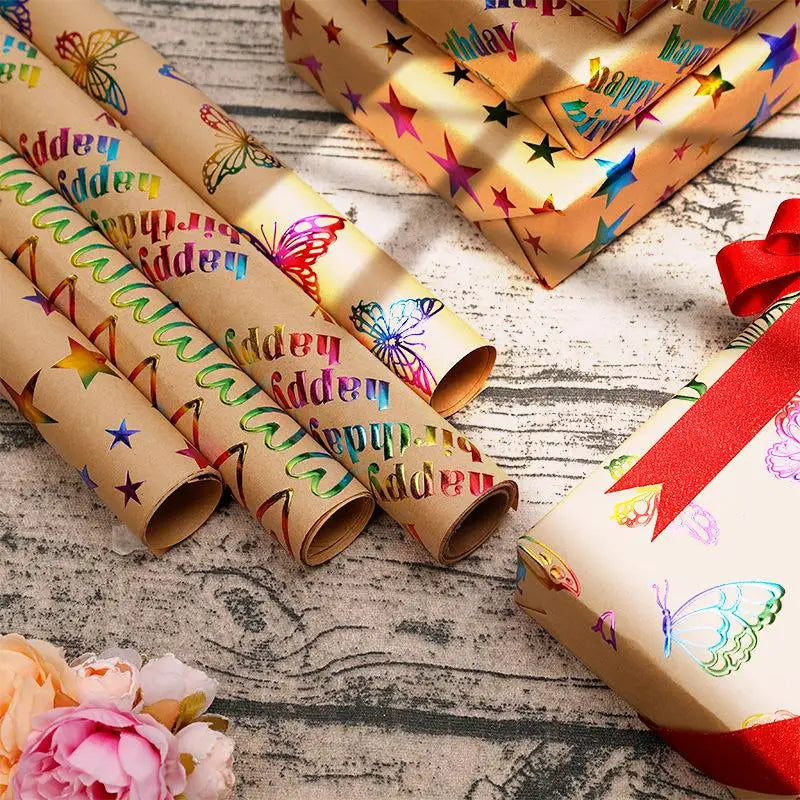 43x300cm Happy Birthday Valentine's Day Gift Wrapping Paper Retro Yellow Kraft Paper Colorful Bronzing Wrapping Paper