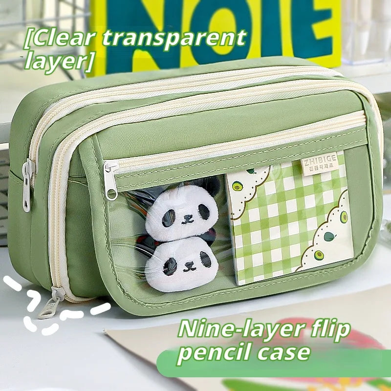 9-layer Large Capacity Pencil Case with Transparent Compartment and Magnetic Button Flip for Retrieval