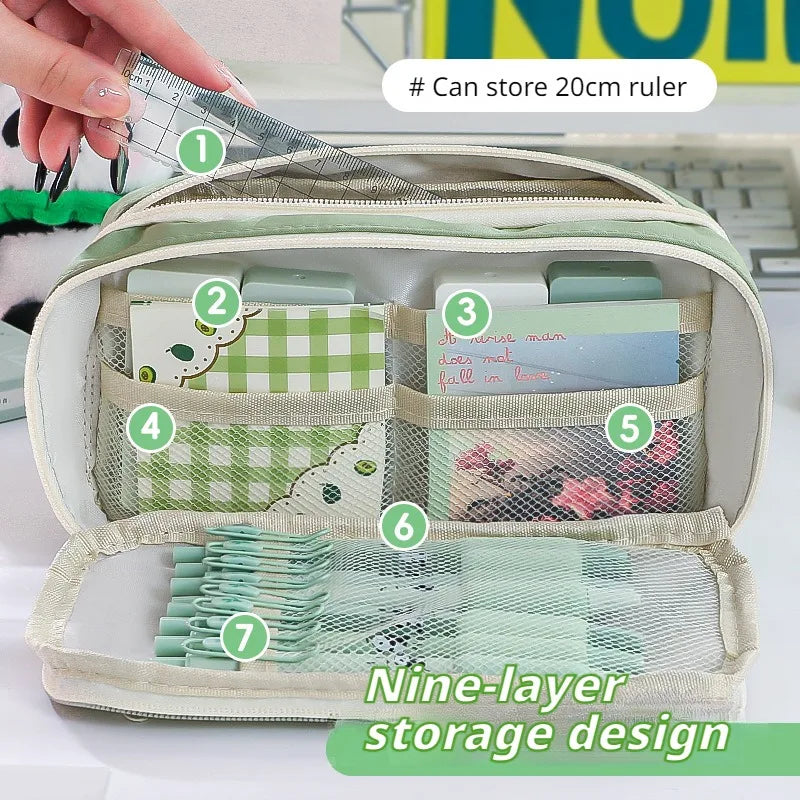 9-layer Large Capacity Pencil Case with Transparent Compartment and Magnetic Button Flip for Retrieval