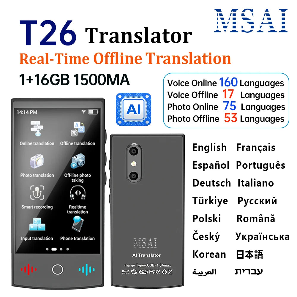 MSAI T26 160 Languages Voice Translator Online Photo 75 Languages Audio Translate 115 Offline Real Time Translation for Travel
