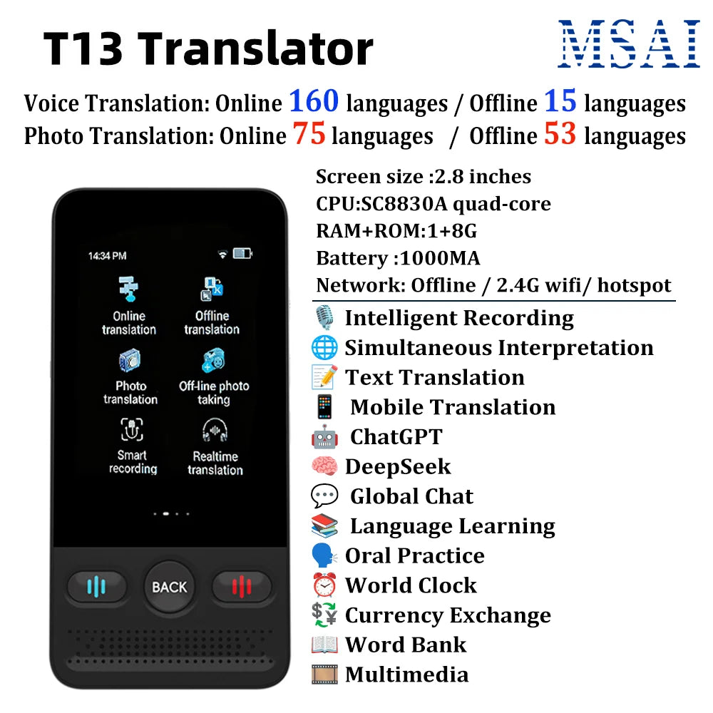 MSAI T26 160 Languages Voice Translator Online Photo 75 Languages Audio Translate 115 Offline Real Time Translation for Travel