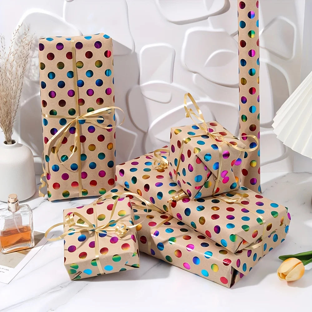 1Roll Extra Long Gift Wrap Paper-Very Large Roll(42.93x299.72 cm),Vibrant Multicolor Polka Dots in Pink,Blue,Golden,Green,Purple