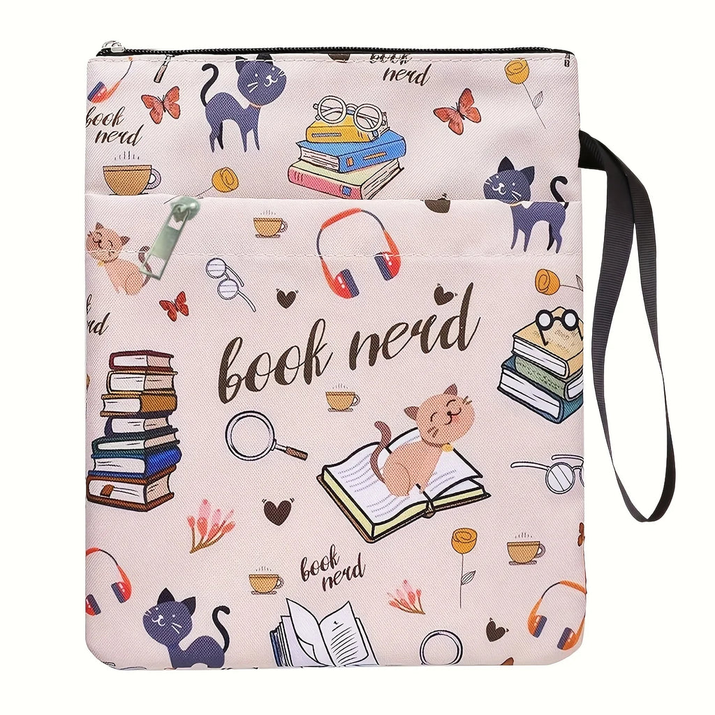 1pc "Book Nerd" Themed Fabric Book Sleeve with Zipper - Durable, Washable Cover for Paperbacks, Featuring Books & Cat Design