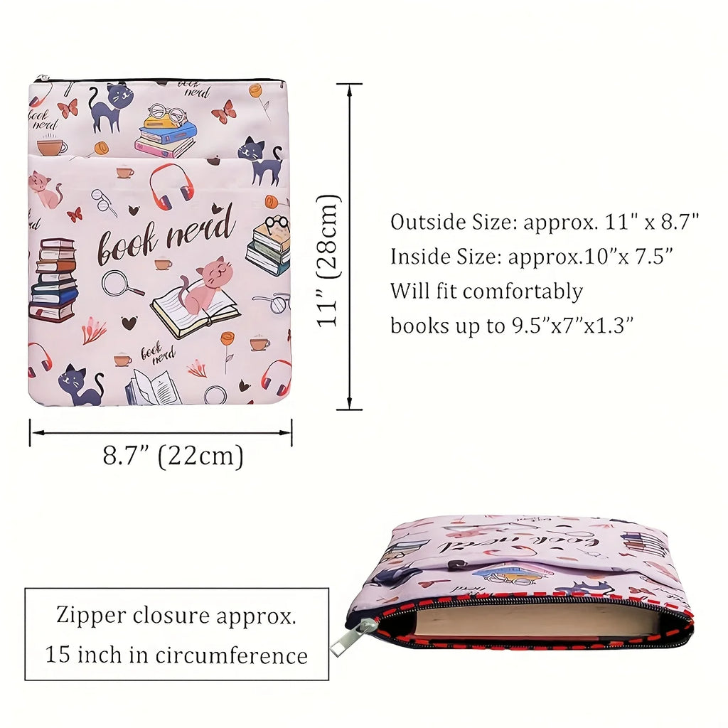 1pc "Book Nerd" Themed Fabric Book Sleeve with Zipper - Durable, Washable Cover for Paperbacks, Featuring Books & Cat Design
