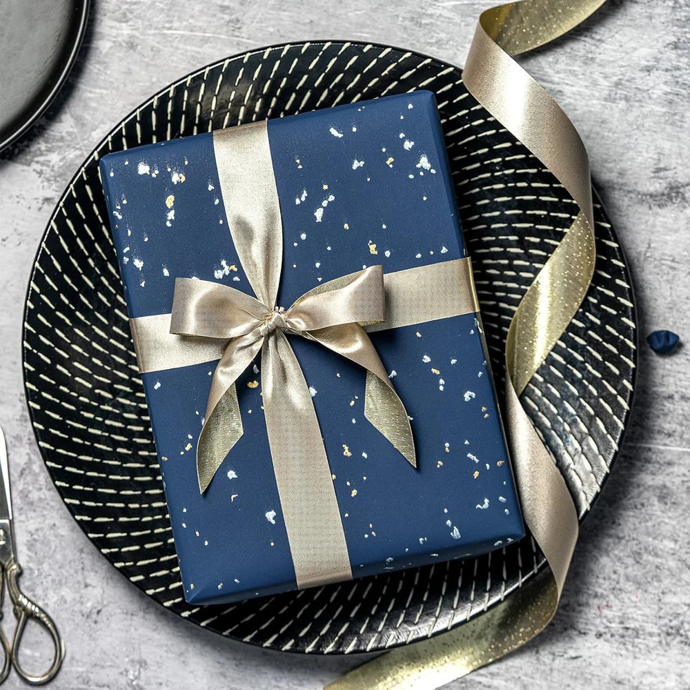 1roll Gift Wrapping Paper Navy Blue Gold Foil Gift Wrapping Paper Gift Paper Suitable for Birthdays and Festivals DIY Gift