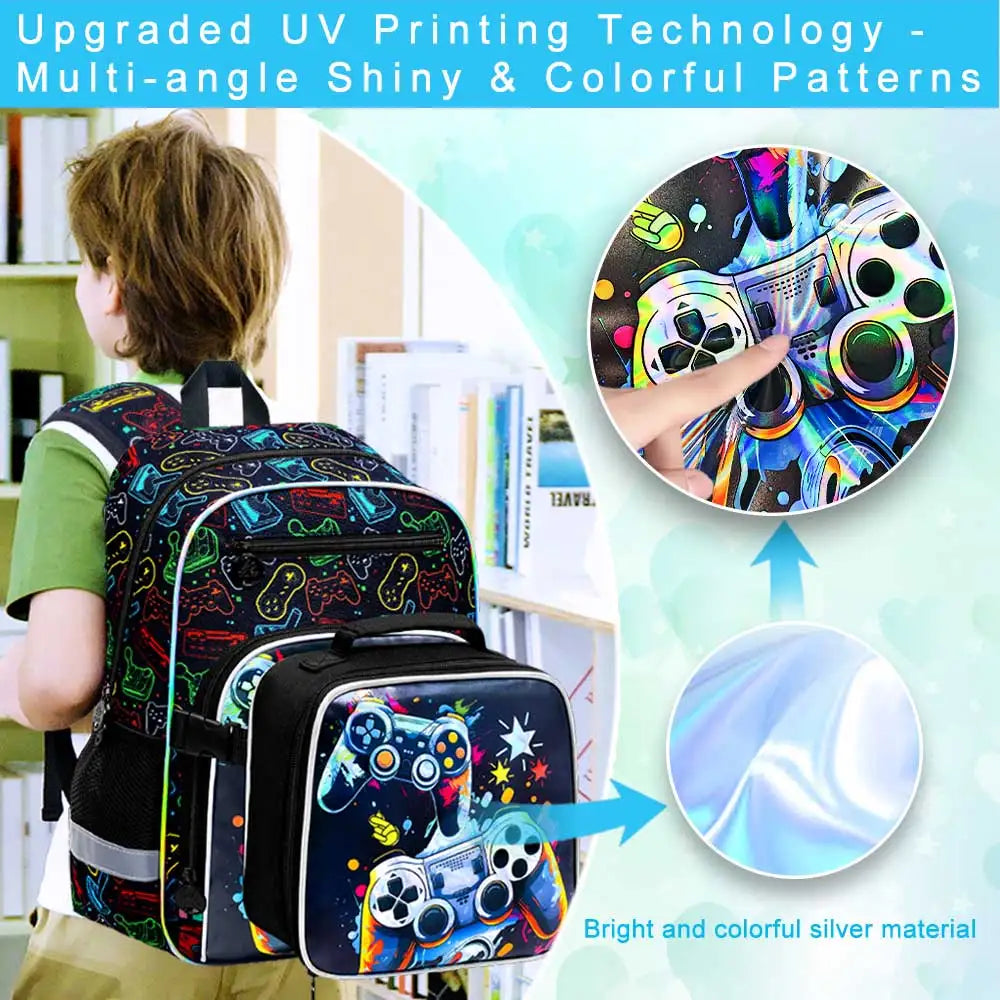 Kids Backpack for Boys, 3PCS Bookbag Set with Clip-On Lunch Box, Game School Bag for Elementary Preschool Toddler