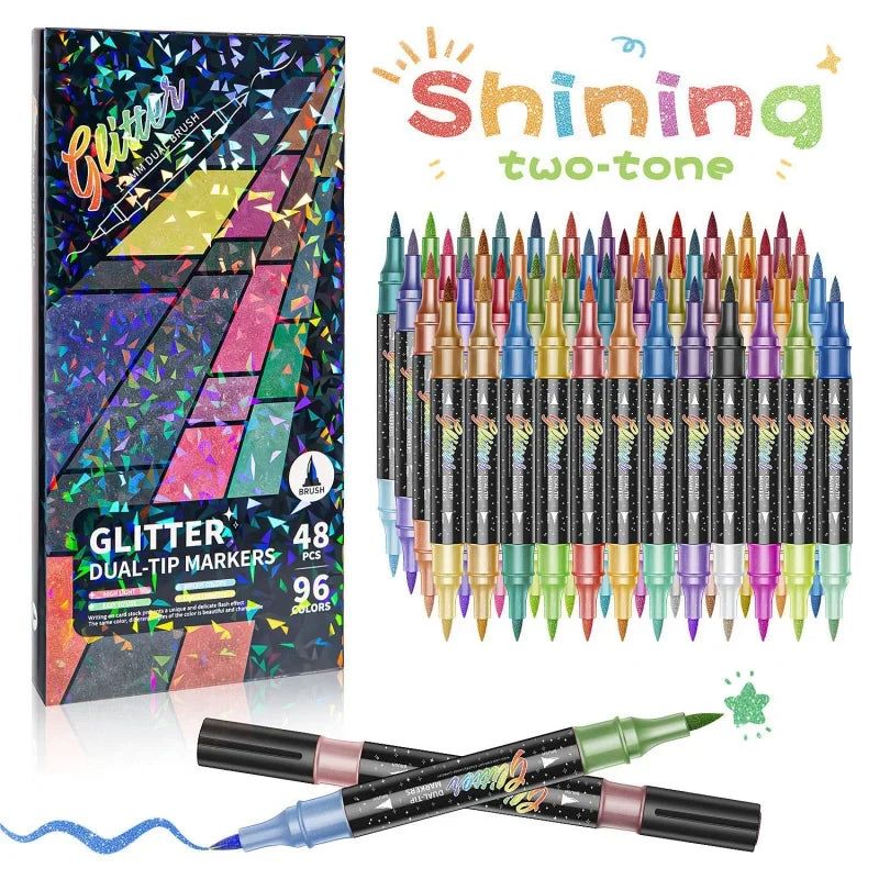 24-96 Colors Glitter Felt Tip Metallic Markers Dual Tip Dual Color Shimmer Marker for Doodle Writing Art DIY Crafts Scrapbooking