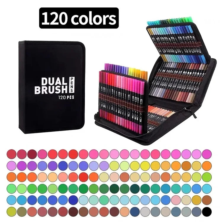 48/60/72/100/120 Colors Dual Tip Brush Marker Pens Watercolour FineLiner Manga Art Accessories Art Supplies Drawing Stationery