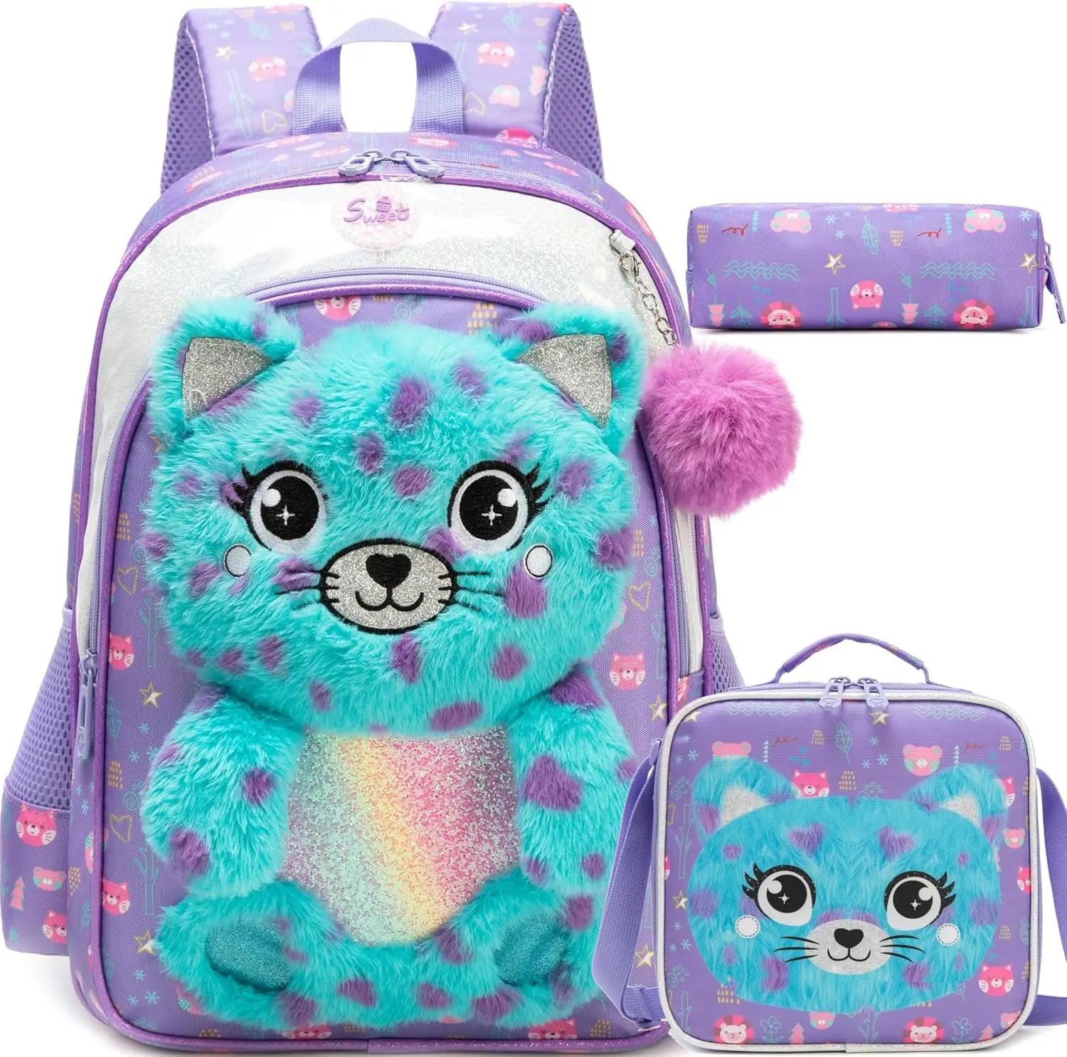 Kids Backpacks for Girls School Backpack with Lunch Bag Pencil Case for Elementary Student 3D Carton Plush Kids Travel SchoolBaG