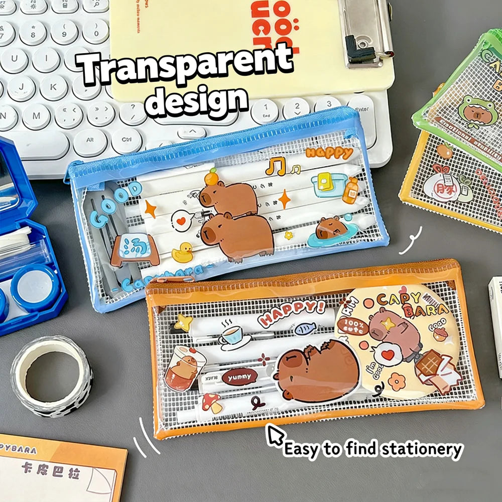 Cute Cartoon Capybara Pencil Case Transparent Student Stationery Storage Bag Pouch Desktop Organizer School Office Supplies